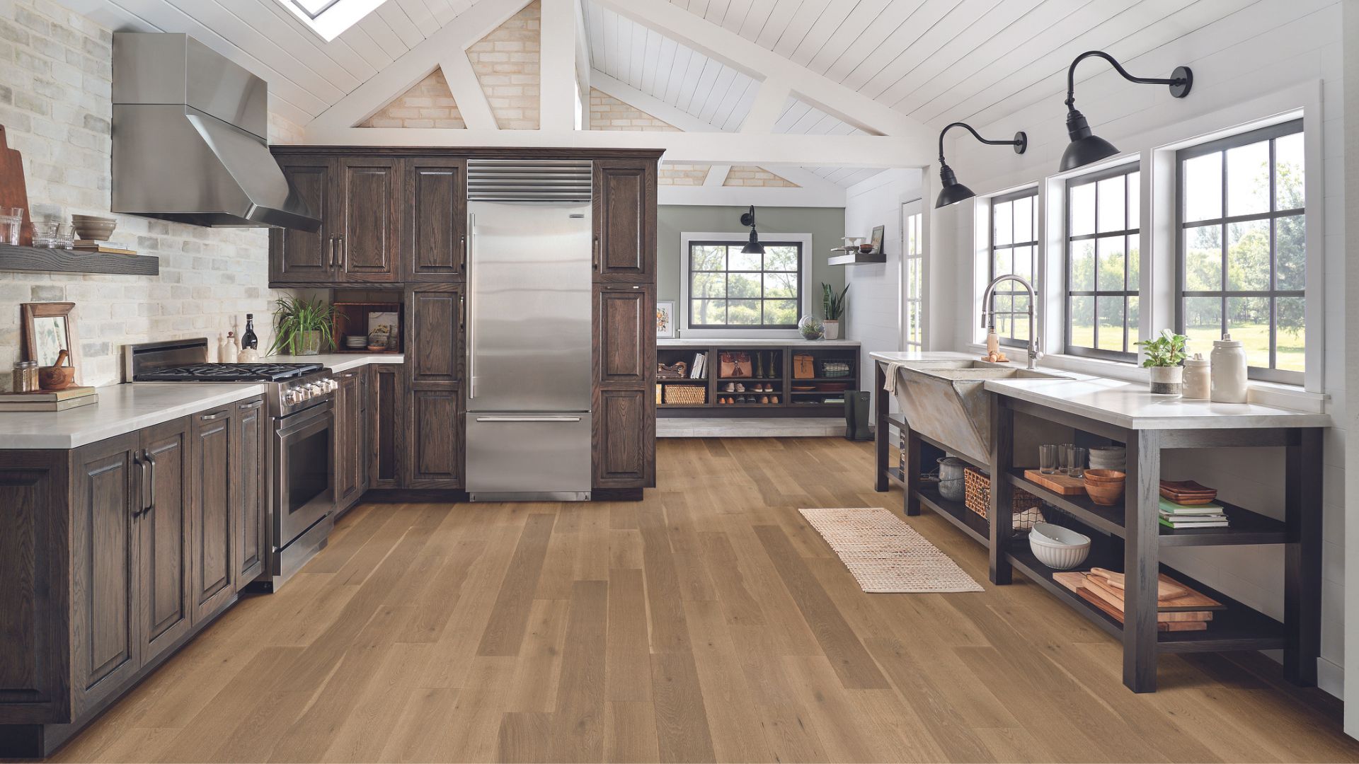 Wood-look tile flooring in a kitchen.